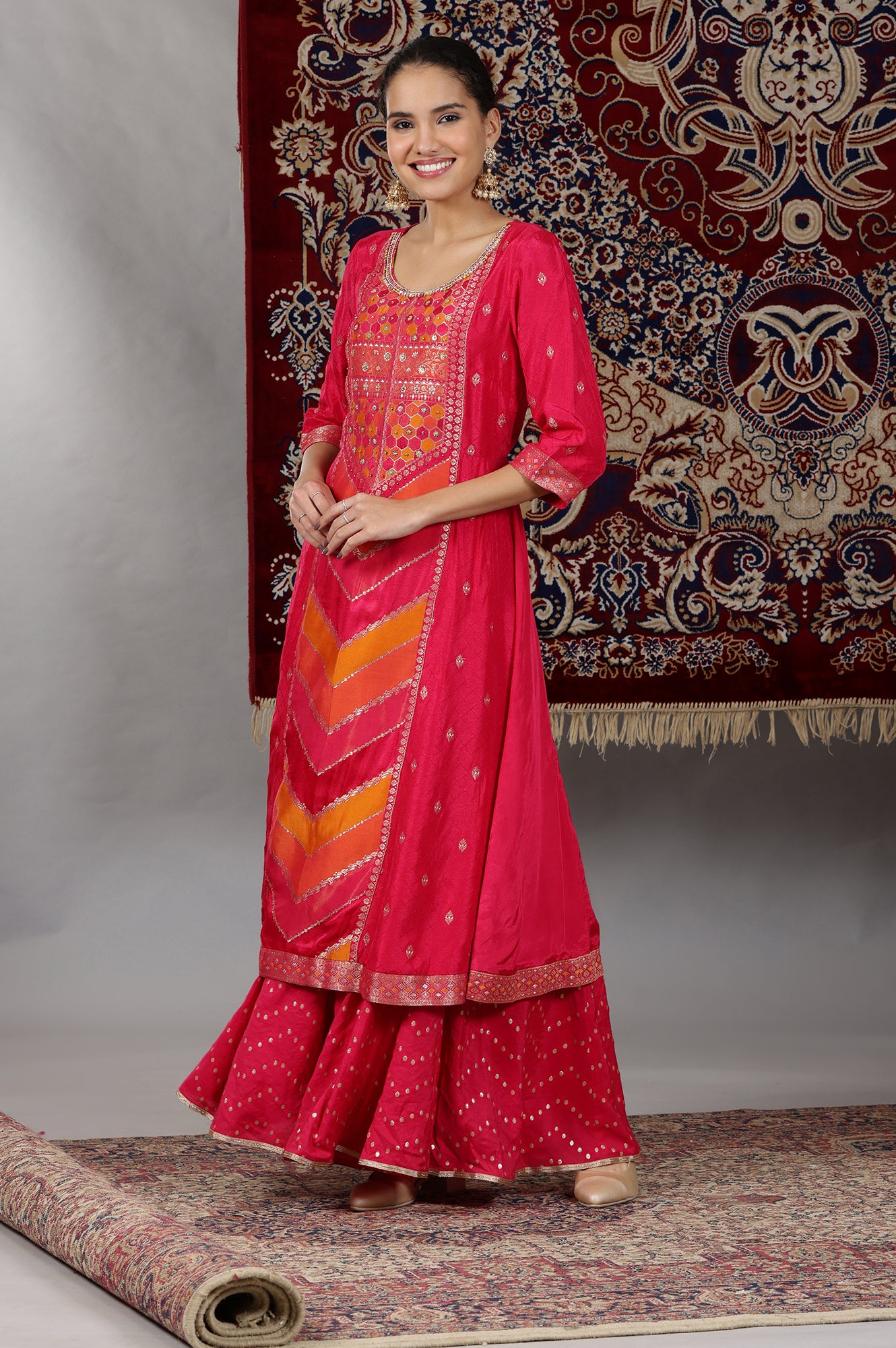 Pink-Yarn-Dyed-Zari-Embroidered-Anarkali-Kurta,-Flared-Palazzo-and-Dupatta-Set