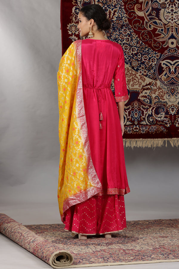 Pink Yarn Dyed Zari Embroidered Anarkali Kurta, Flared Palazzo and Dupatta Set