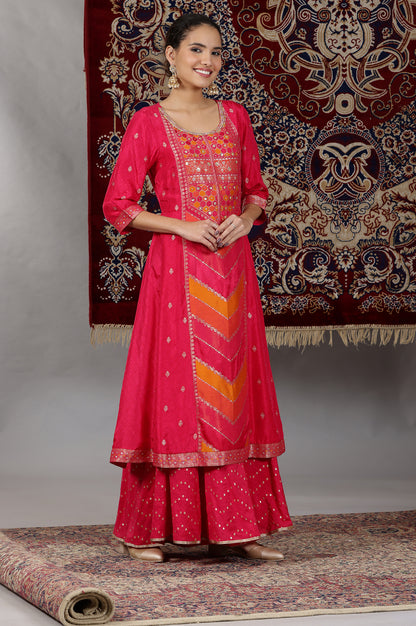 Pink-Yarn-Dyed-Zari-Embroidered-Anarkali-Kurta,-Flared-Palazzo-and-Dupatta-Set