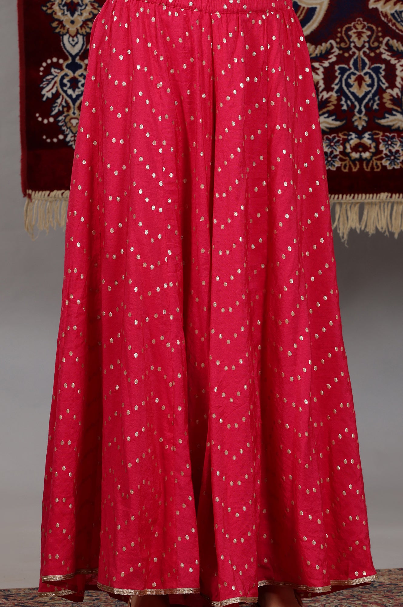 Pink-Yarn-Dyed-Zari-Embroidered-Anarkali-Kurta,-Flared-Palazzo-and-Dupatta-Set