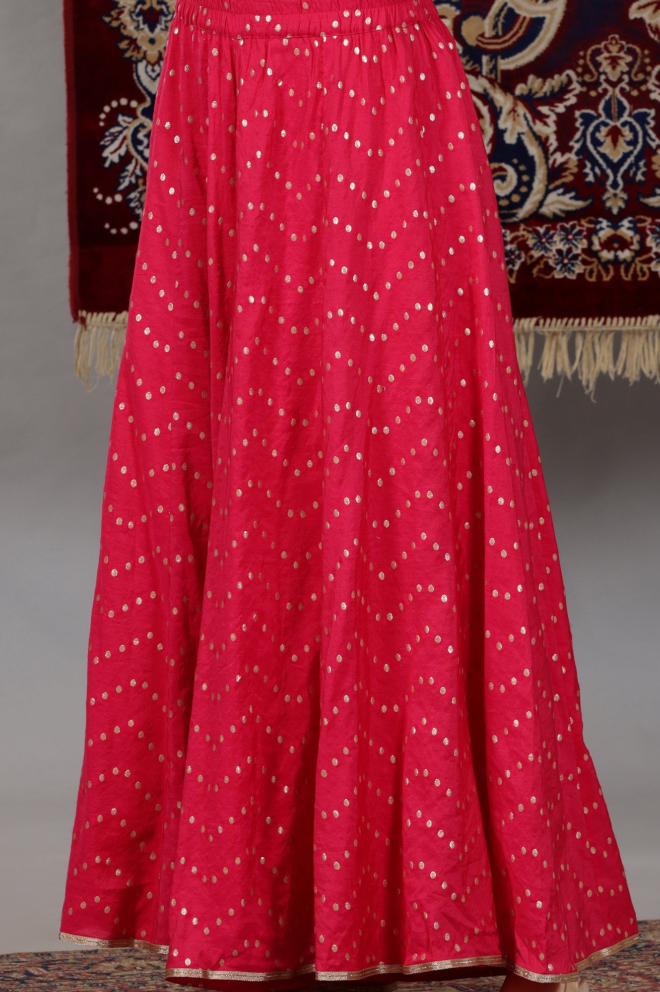 Pink-Yarn-Dyed-Zari-Embroidered-Anarkali-Kurta,-Flared-Palazzo-and-Dupatta-Set