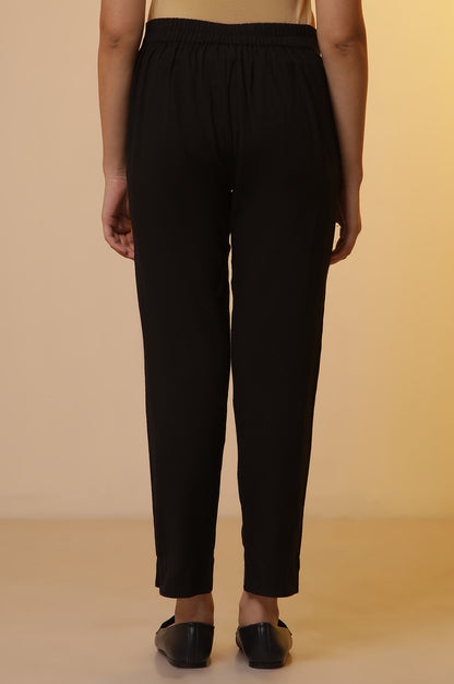 Black Solid Ankle Length Cotton Flax Trousers