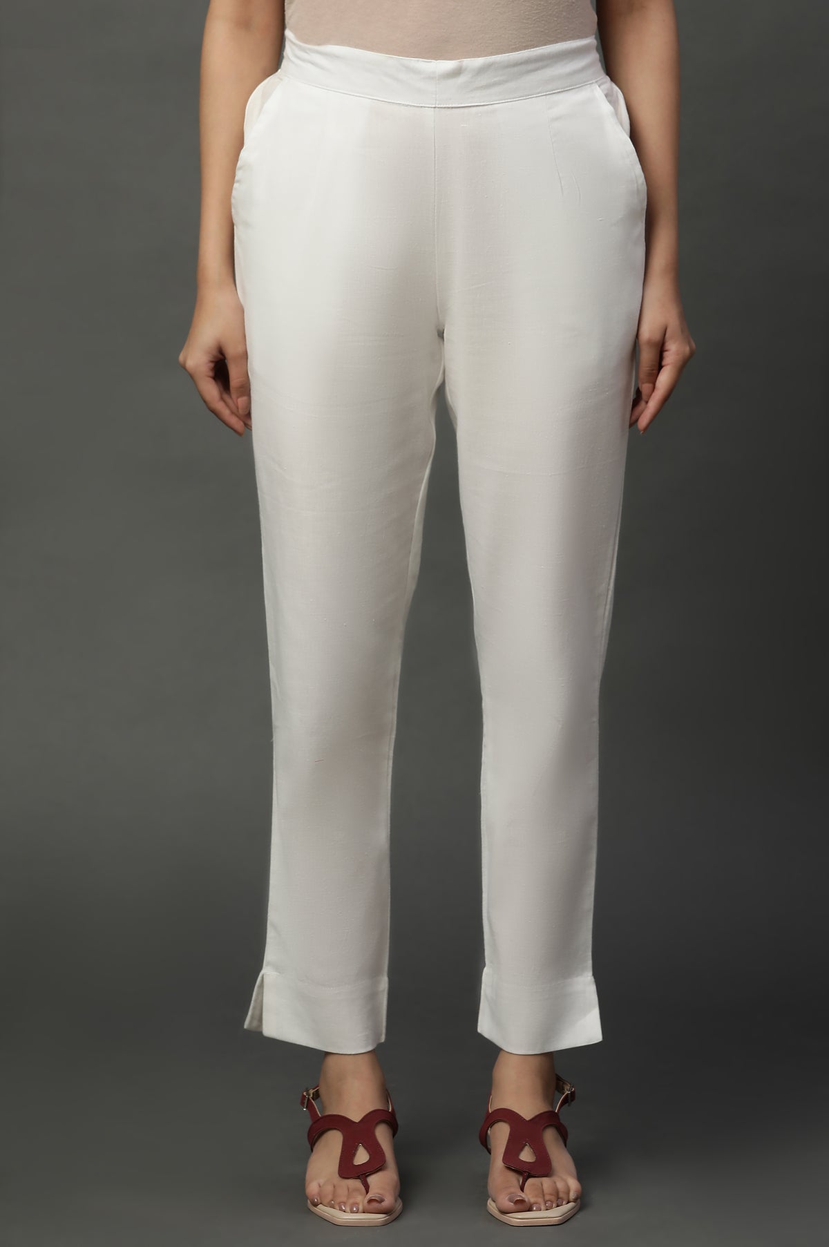 White Basic Cotton Flax Cotton Trouser Pants - S