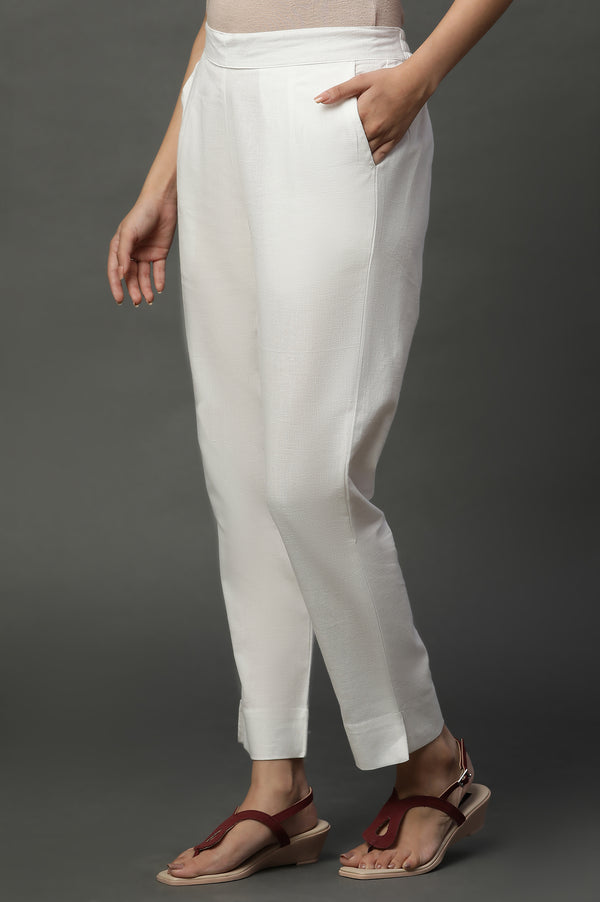 White Solid Cotton Flax Trouser Pants
