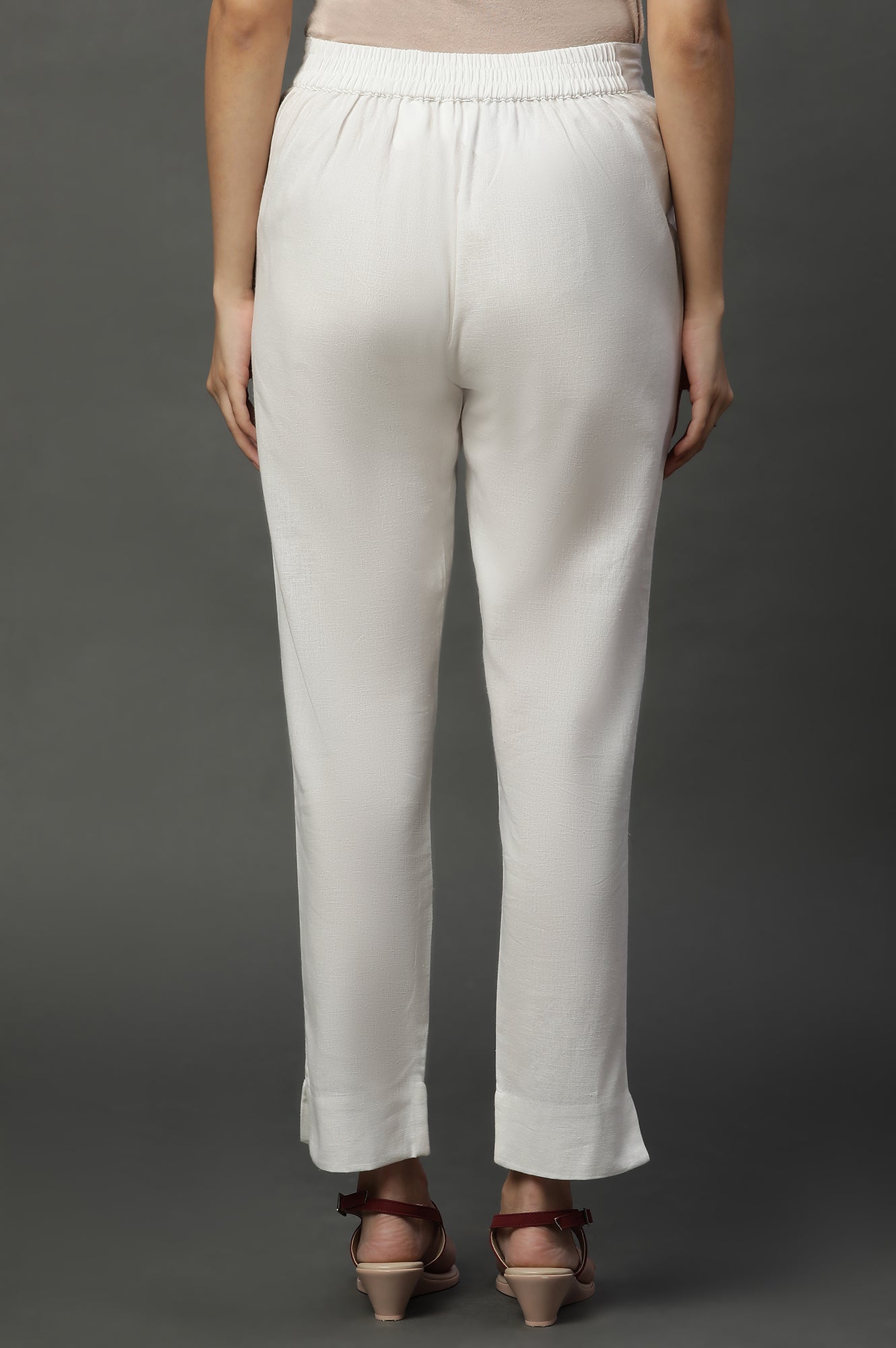 White Solid Plain Straight Cotton Trouser