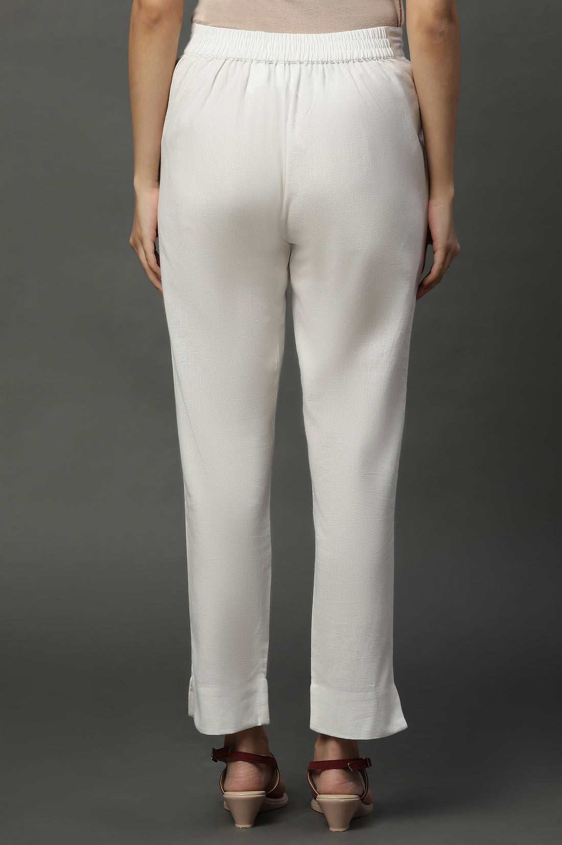 White Solid Cotton Flax Trouser Pants