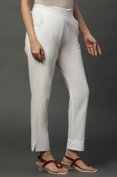White Solid Cotton Flax Trouser Pants