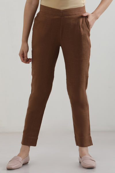 Brown Solid Cotton Blend Trousers