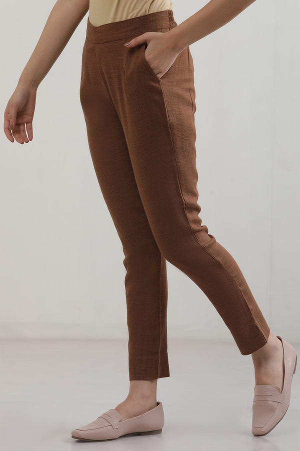 Brown Solid Straight Fit Cotton Pants