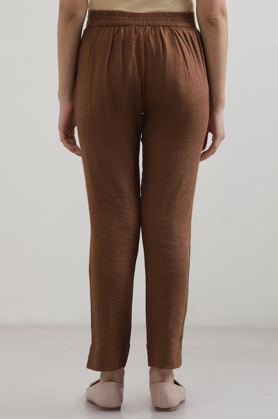 Brown Solid Cotton Blend Trousers