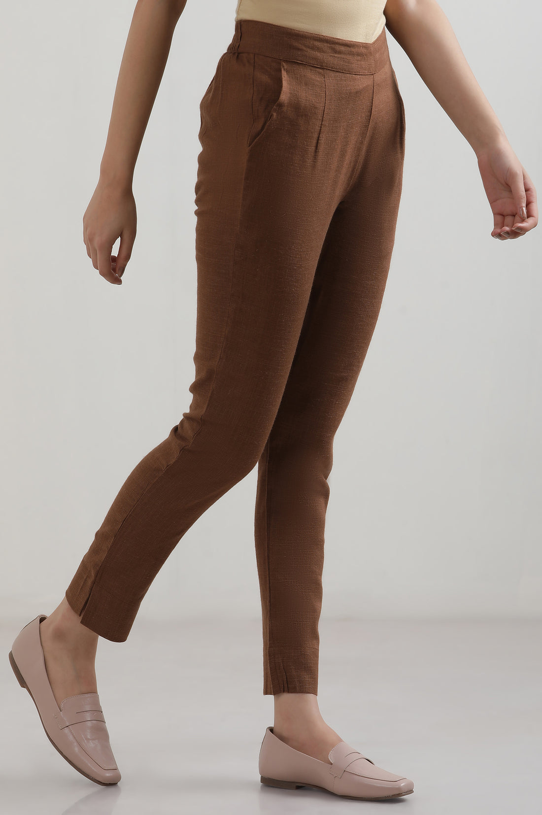 Brown Solid Cotton Blend Straight Trousers &amp; Pants