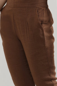 Brown Solid Cotton Blend Trousers