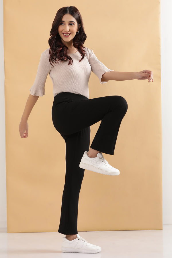 Elleven Women's Black Solid Flared Pants With Elasticated Waist