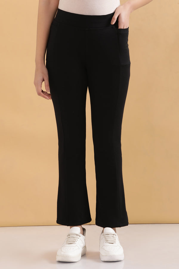 Elleven Women's Black Solid Flared Pants With Elasticated Waist