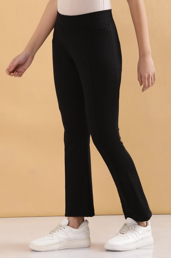 Elleven Women's Black Solid Flared Pants With Elasticated Waist