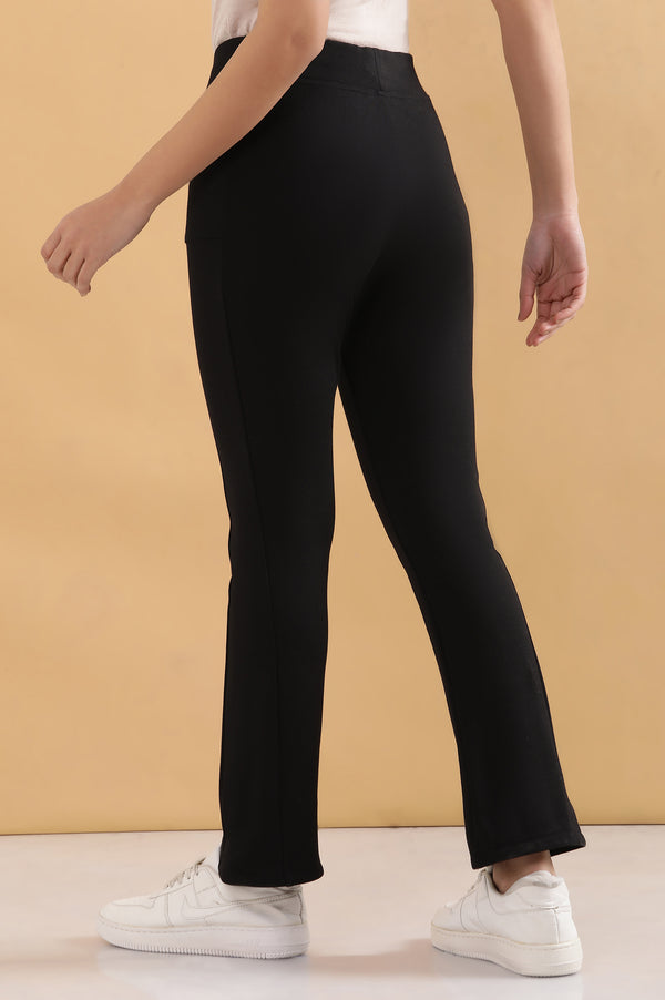 Elleven Women's Black Solid Flared Pants With Elasticated Waist
