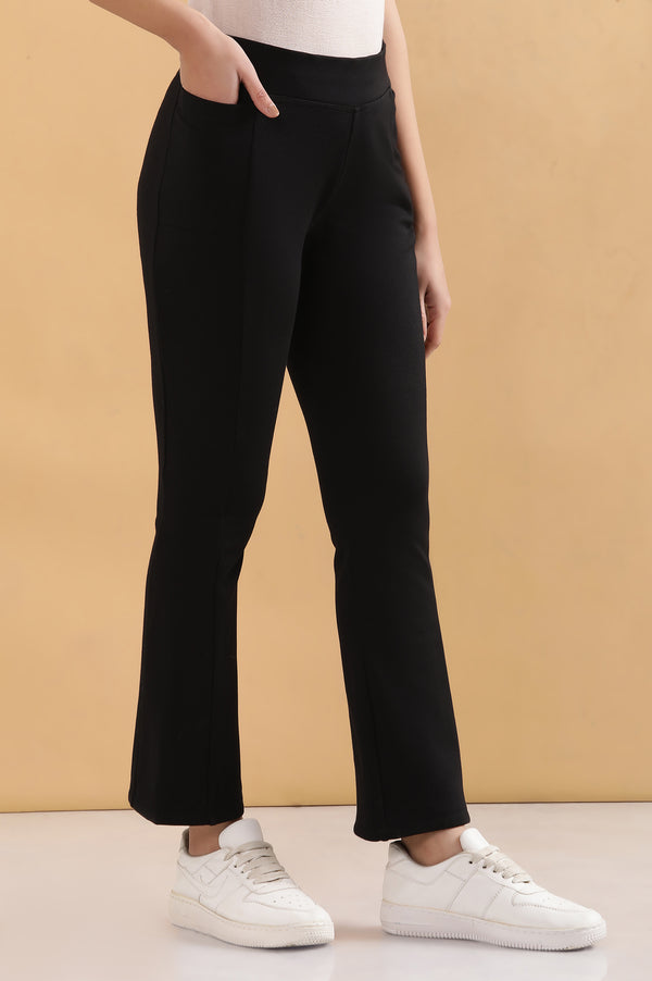 Elleven Women's Black Solid Flared Pants With Elasticated Waist