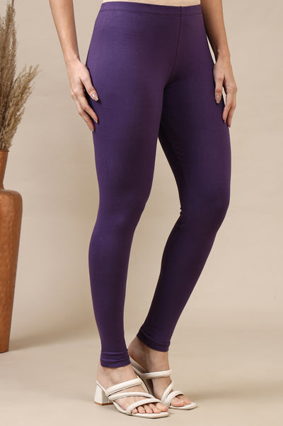 Purple Cotton Lycra Ankle Length Leggings