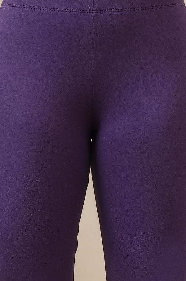 Purple Cotton Lycra Ankle Length Leggings