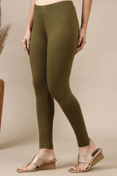 Green Cotton Lycra Ankle Length Leggings
