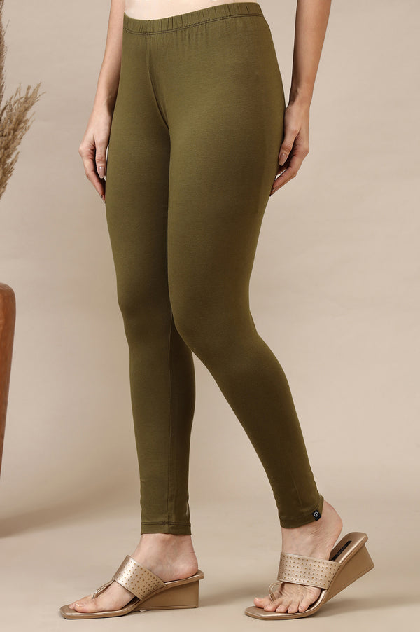 Green Cotton Lycra Ankle Length Leggings