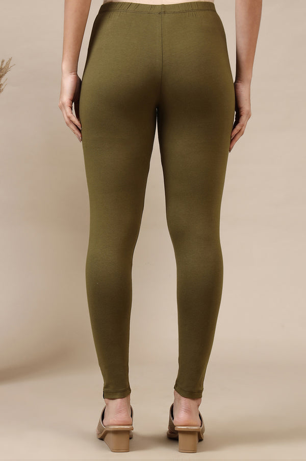 Green Cotton Lycra Ankle Length Leggings