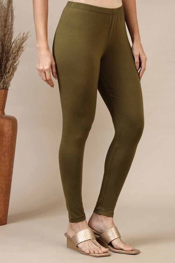 Green Cotton Lycra Ankle Length Leggings
