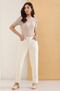 Off White Solid Straight Fit Rayon Pants With Belt Loops
