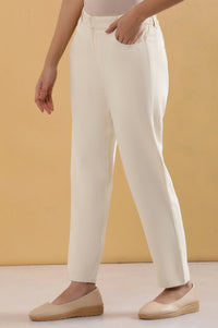 Off White Solid Straight Fit Rayon Pants With Belt Loops