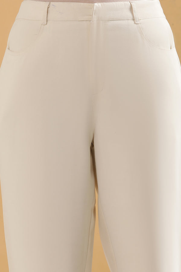 Elleven Women's Off White Solid Straight Fit Rayon Pants With Belt Loops