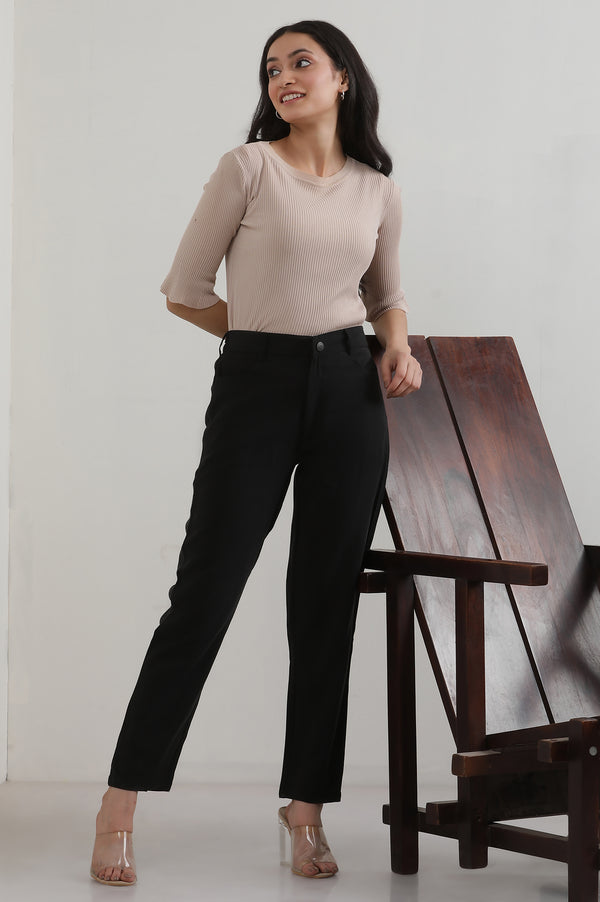 Elleven Women's Black Solid Straight Fit Rayon Pants With Button Closure