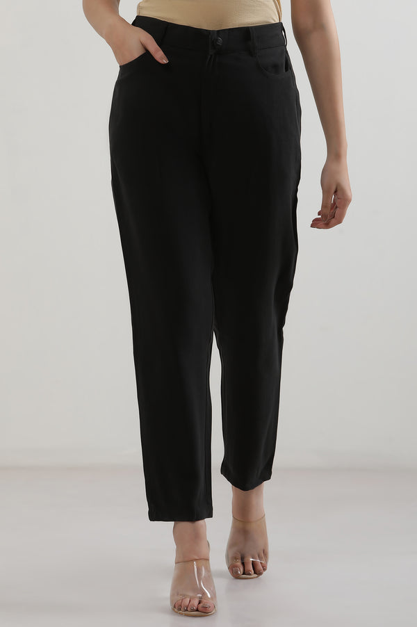 Elleven Women's Black Solid Straight Fit Rayon Pants With Button Closure