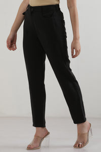 Black Solid Rayon Straight Trousers &amp; Pants