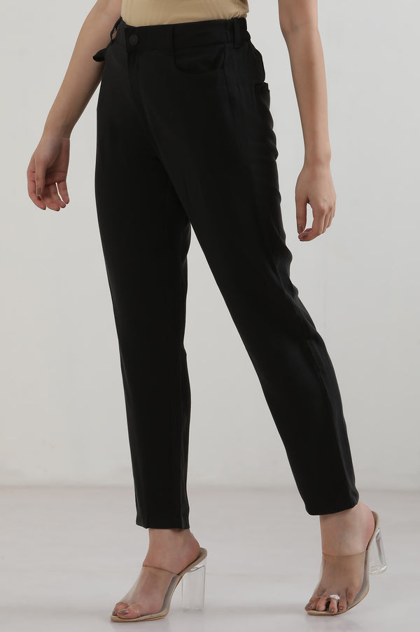 Elleven Women's Black Solid Straight Fit Rayon Pants With Button Closure