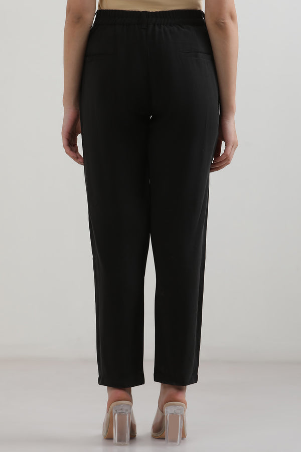 Elleven Women's Black Solid Straight Fit Rayon Pants With Button Closure
