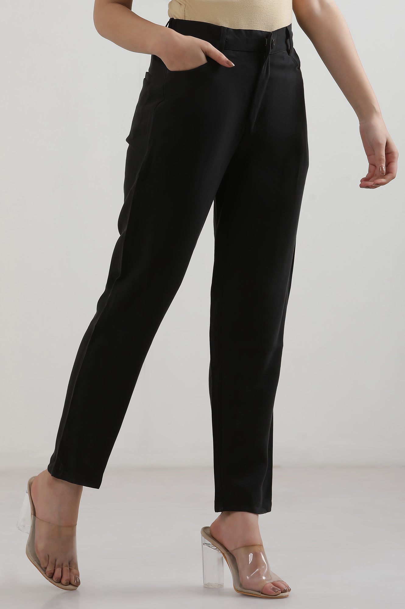 Black Solid Rayon Straight Trousers &amp; Pants