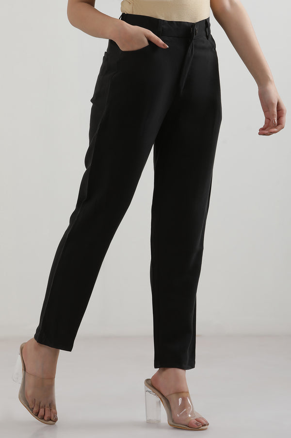 Elleven Women's Black Solid Straight Fit Rayon Pants With Button Closure