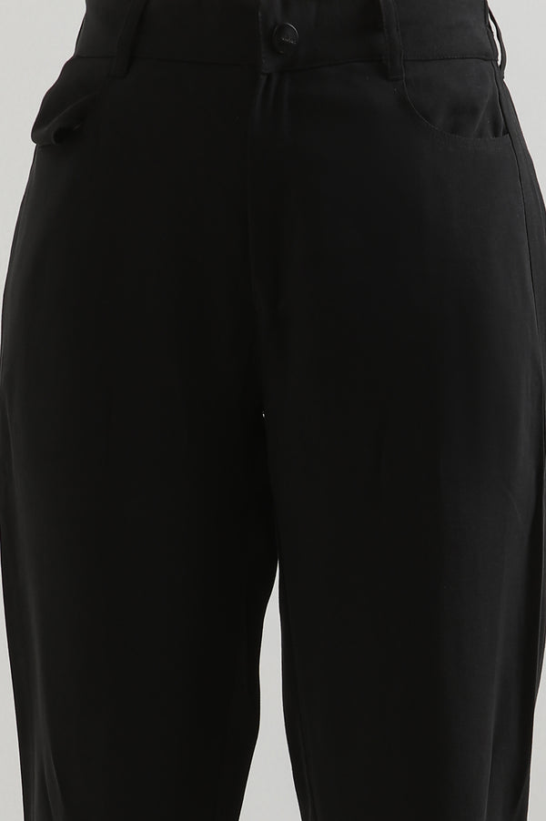 Elleven Women's Black Solid Straight Fit Rayon Pants With Button Closure
