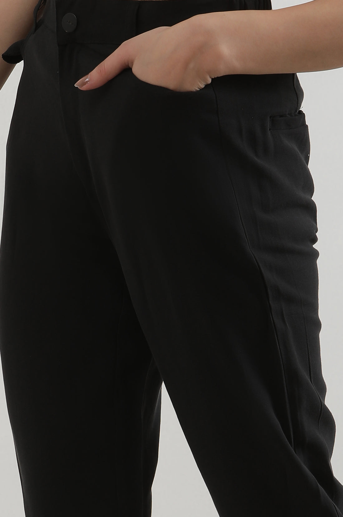 Black Solid Straight Fit Rayon Pants With Button Closure