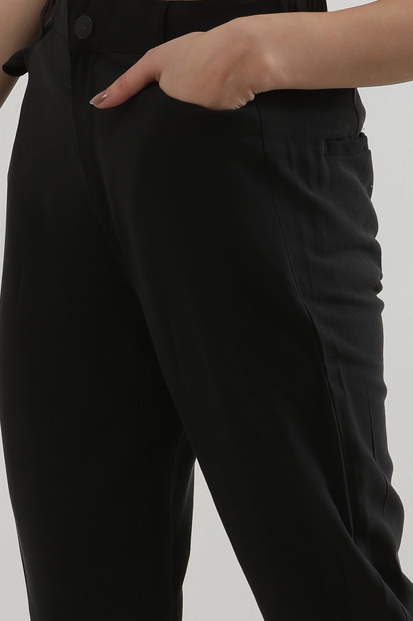 Elleven Women's Black Solid Straight Fit Rayon Pants With Button Closure