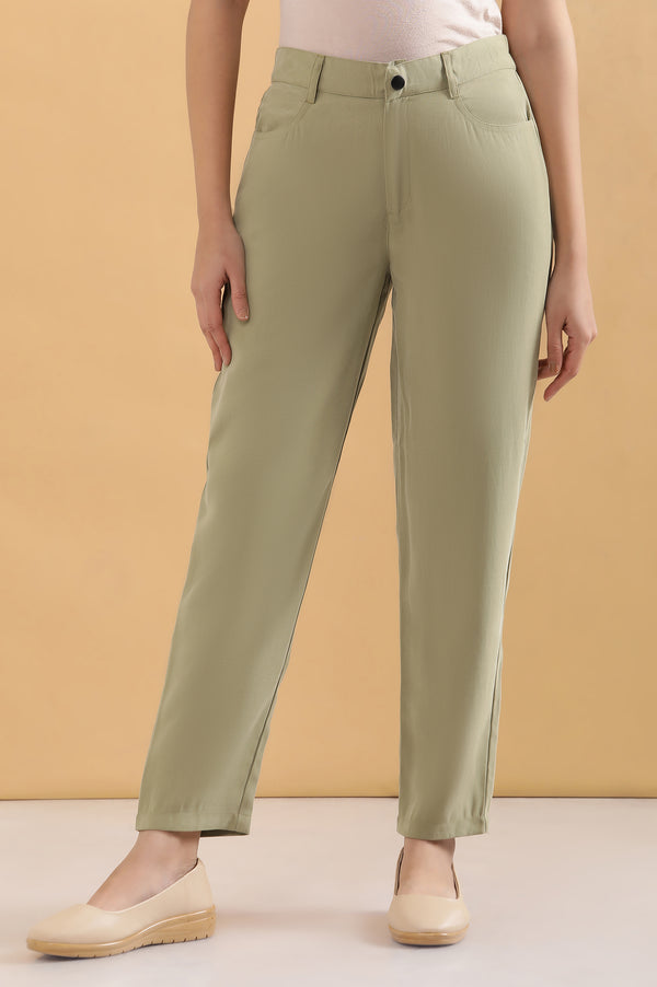 Elleven Women's Green Solid Straight Fit Woven Pants With Belt Loops