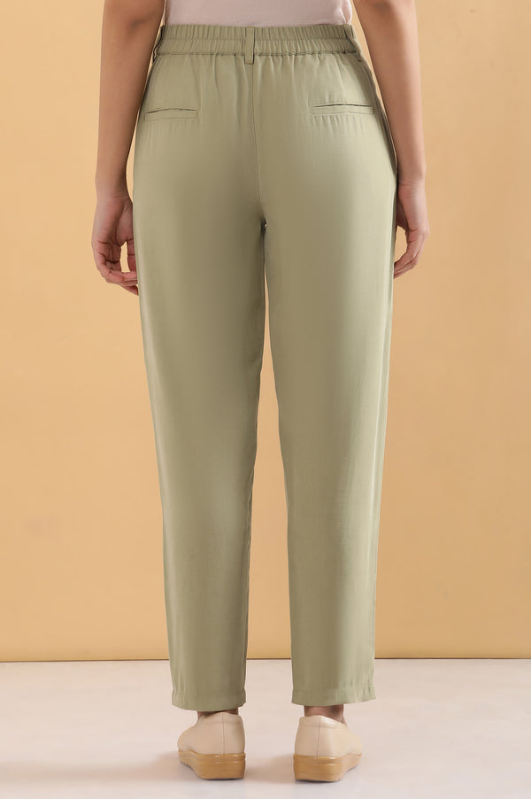 Elleven Women's Green Solid Straight Fit Woven Pants With Belt Loops