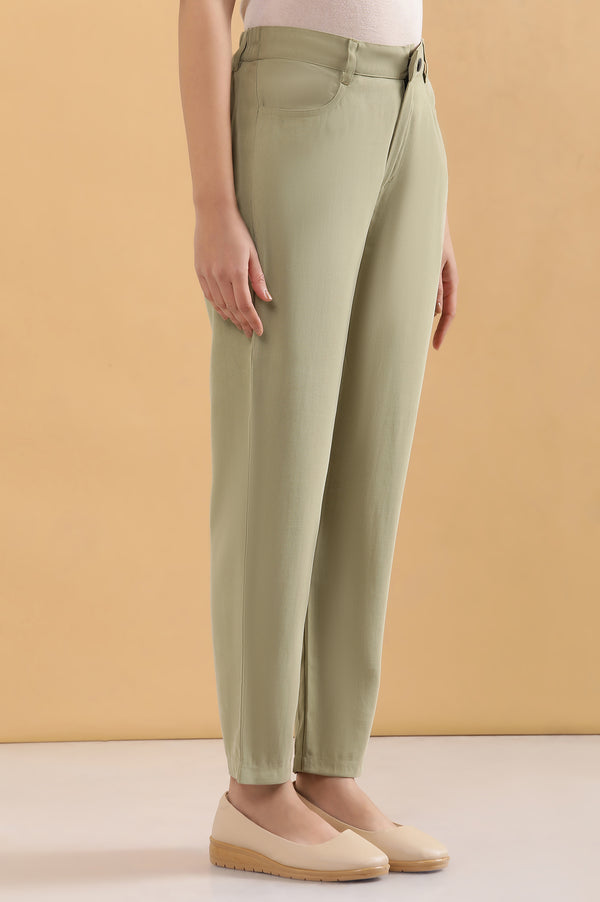 Elleven Women's Green Solid Straight Fit Woven Pants With Belt Loops