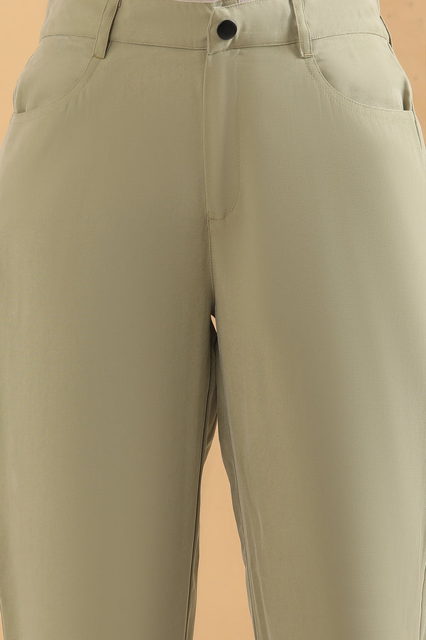 Elleven Women's Green Solid Straight Fit Woven Pants With Belt Loops