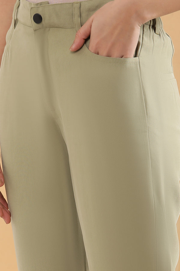 Elleven Women's Green Solid Straight Fit Woven Pants With Belt Loops