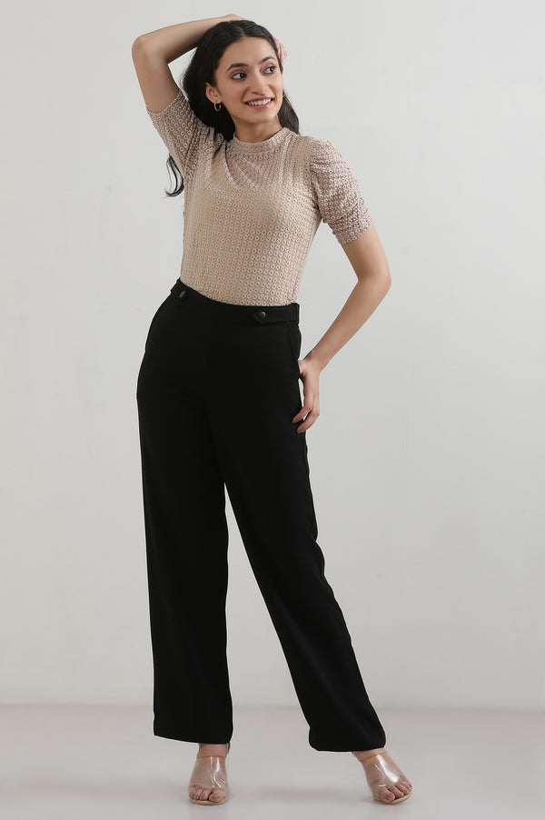 Elleven Women's Black Solid Straight Fit Woven Pants With Zipper Closure