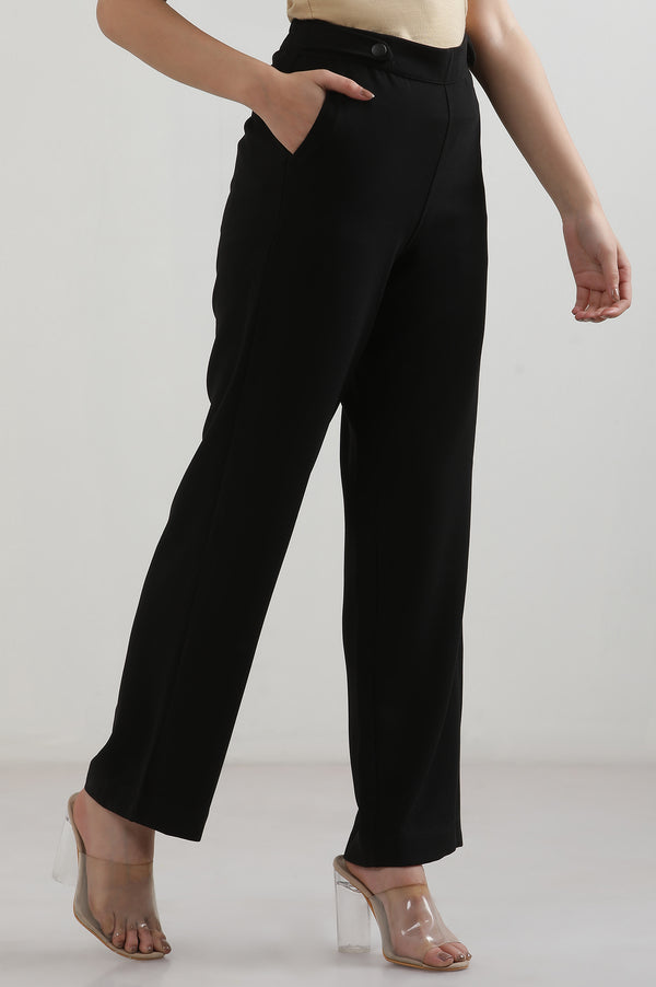 Elleven Women's Black Solid Straight Fit Woven Pants With Zipper Closure