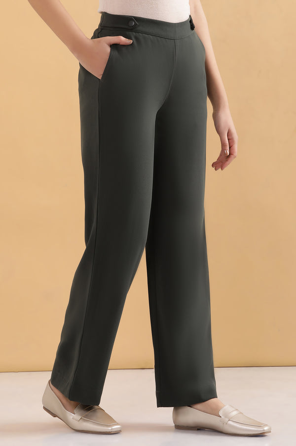 Elleven Women's Olive Green Solid Straight-fit Woven Pants with Side Pockets