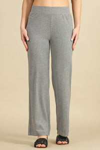 Grey Solid Rayon Straight Trousers &amp; Pants