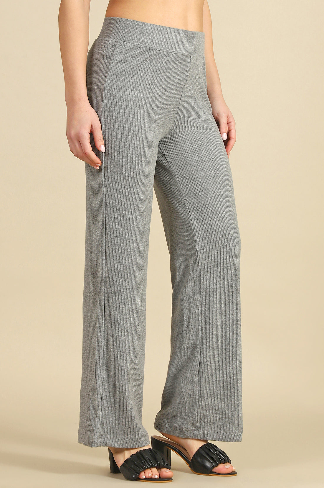 Grey Solid Rayon Straight Trousers &amp; Pants
